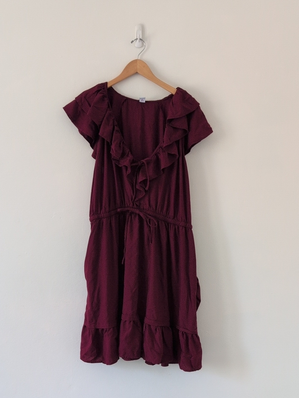 New Old Navy Wine Burgundy Ruffle Midi Short Sleeve Dress Elastic Waist Sz XL